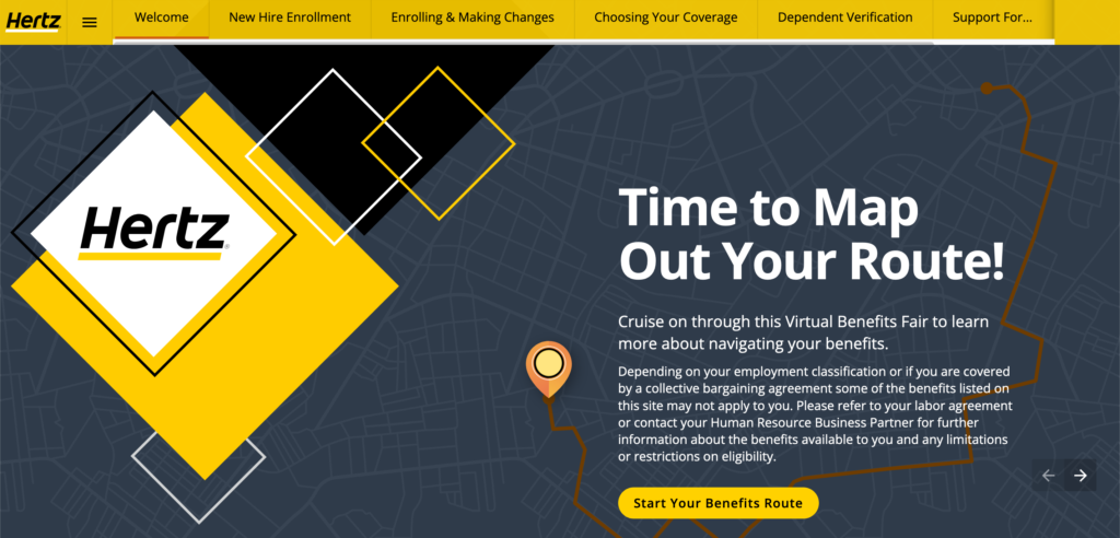 a screenshot of the Hertz Virtual Benefits Fair interactive website